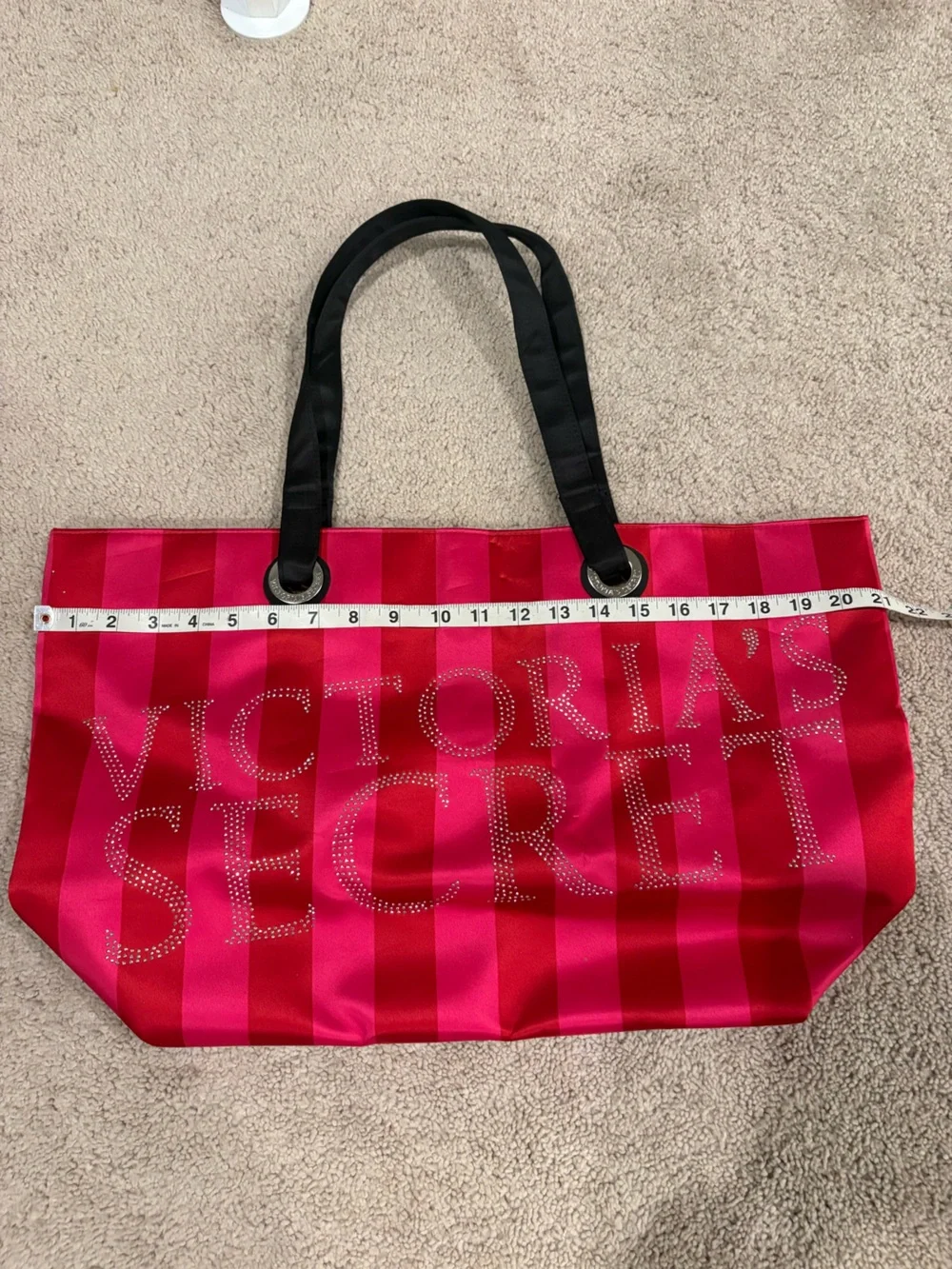 Victoria's Secret Hot Pink and Fuchsia Striped Tote with Rhinestone Logo